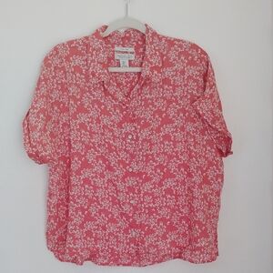 Rachel Zoe Womens Coral 100% Linen Floral Button Up Top Sz L Coastal Lagenlook